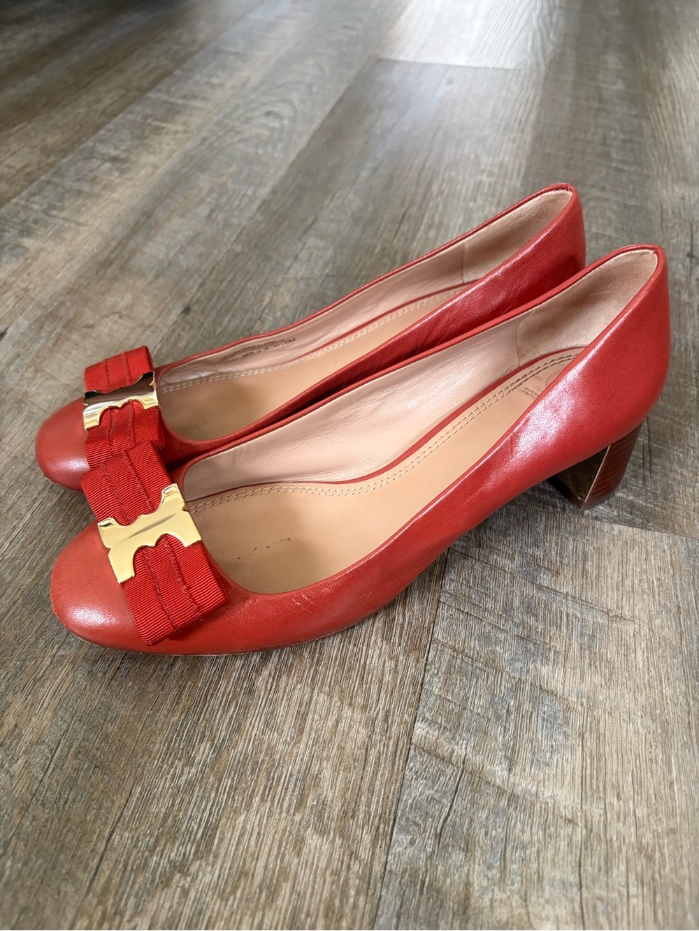 Tory Burch Red Leather Bow Block-Heel Pumps with Gold Logo
